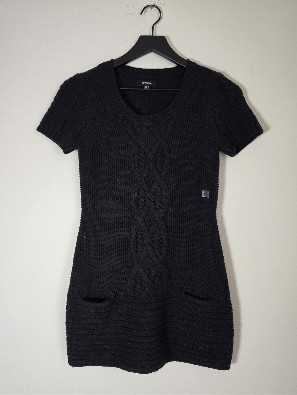 New Express Black Cable Knit Wool Short Sleeve Dress Size XS